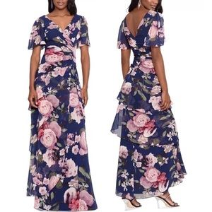 Xscape floral tiered chiffon lined gown women size 4